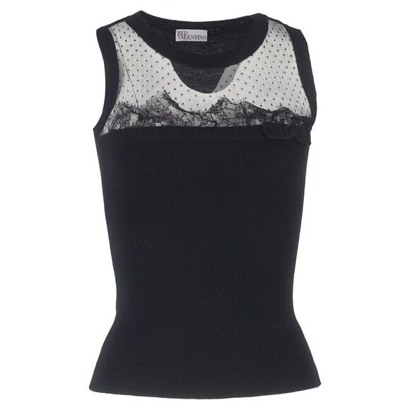 RED Valentino Knitted Lace Detail Tank Top in Black Wool